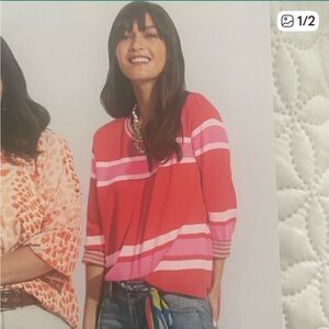 CAbi Red and Pink Striped Cadet Pullover